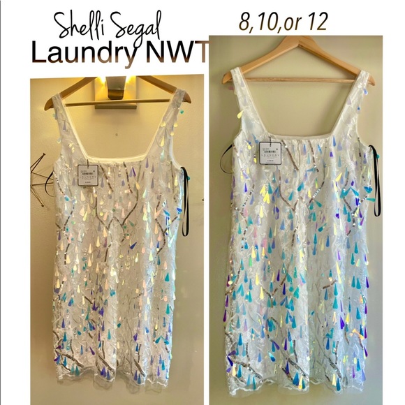 NWT LAUNDRY Shelli Segal white spangle shimmer dress shift mesh square 8 10 12 - Picture 6 of 16